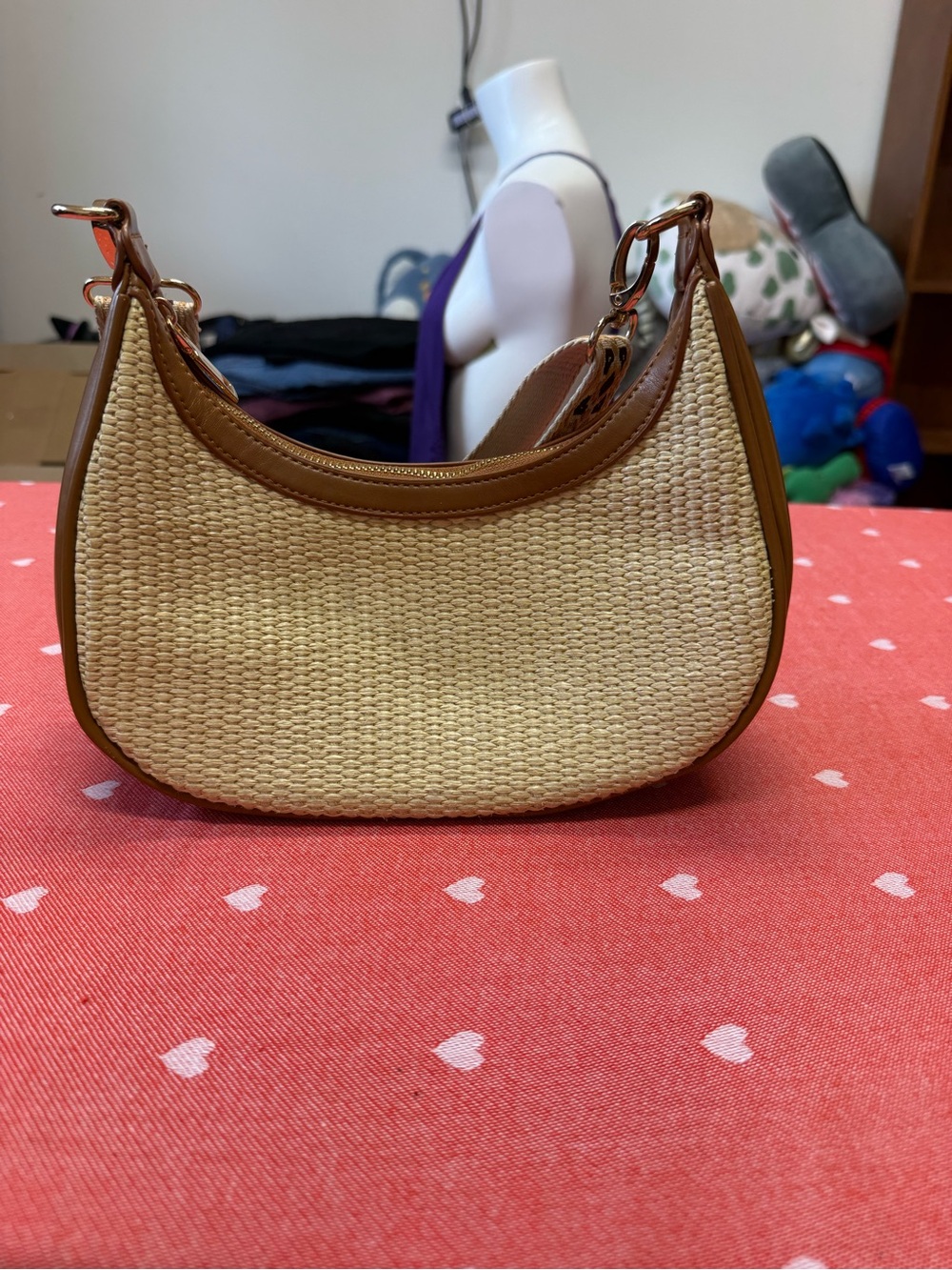 Woven Crescent Shoulder Bag in Beige with Brown Trim